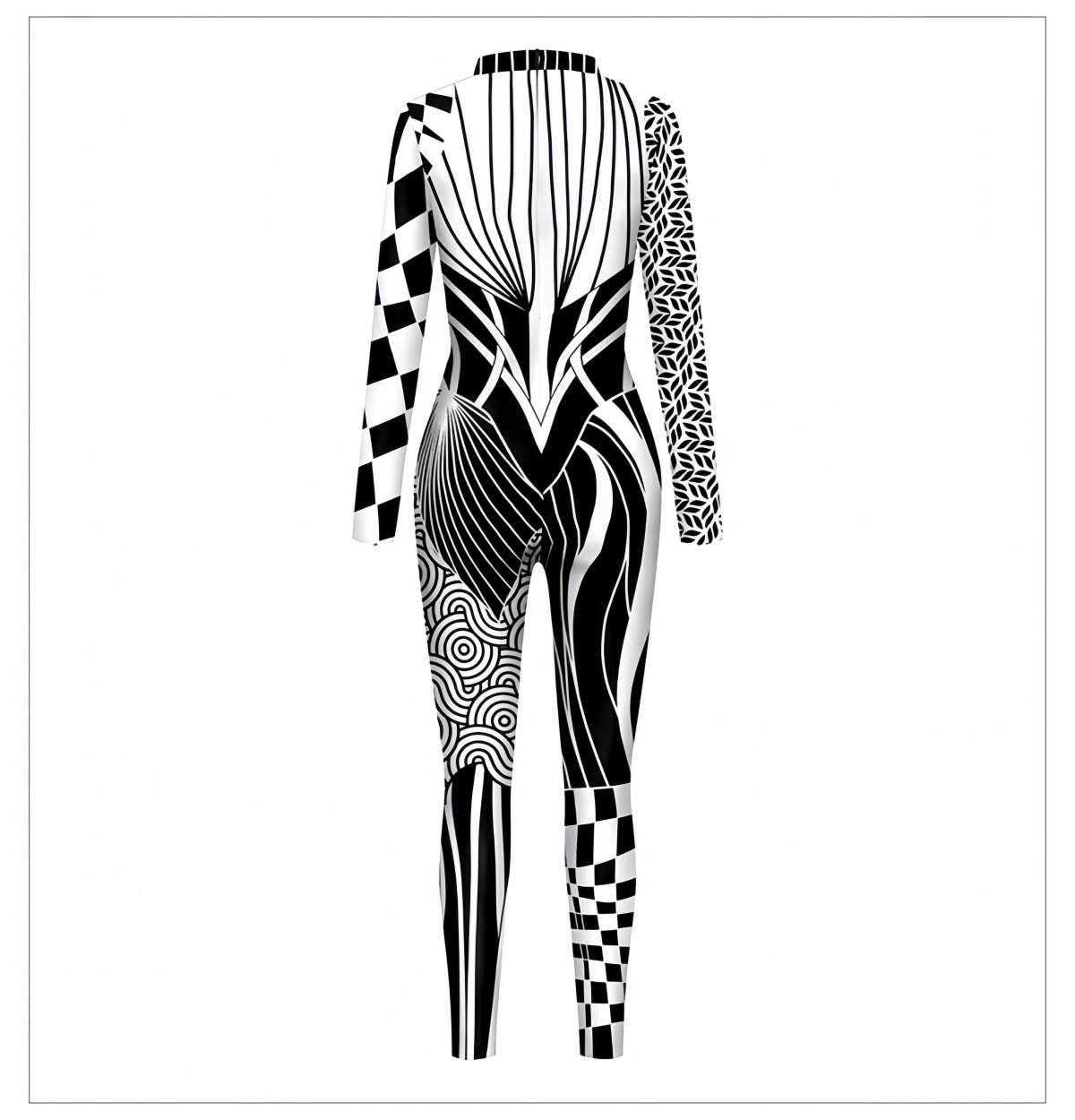 Women Long Sleeve Skinny Jumpsuit - Abstract Geometric Full Print Bodysuit